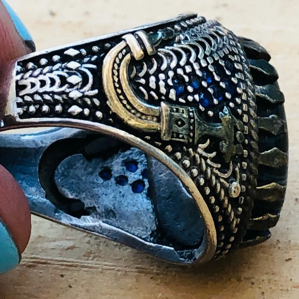 Men’s Sterling Striped Agate Ring Made In Turkey Blue Stones Size 10 Handmade